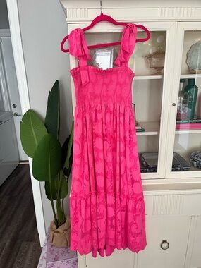 Lilly Pulitzer Hot Pink Smocked Tie-Shoulder Midi Dress